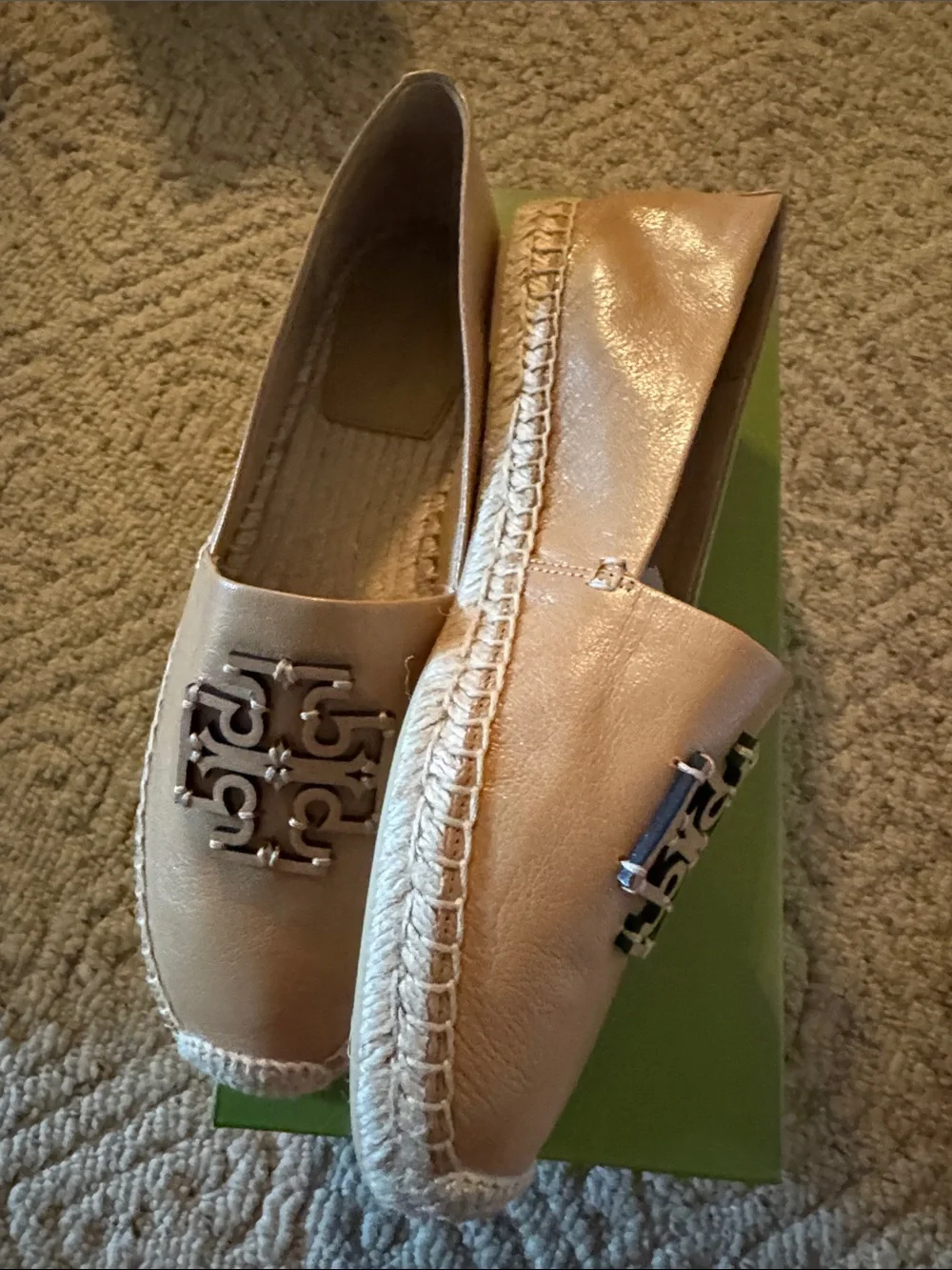 Tory Burch Tan Leather Logo Espadrille Flats